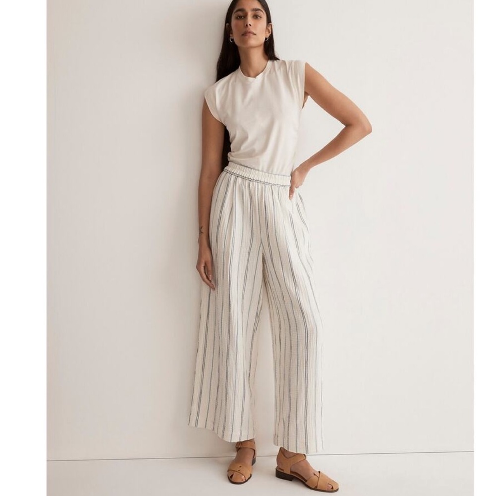 Madewell Wide-Leg Crop Pant in Cream with Blue Stripes Size Small